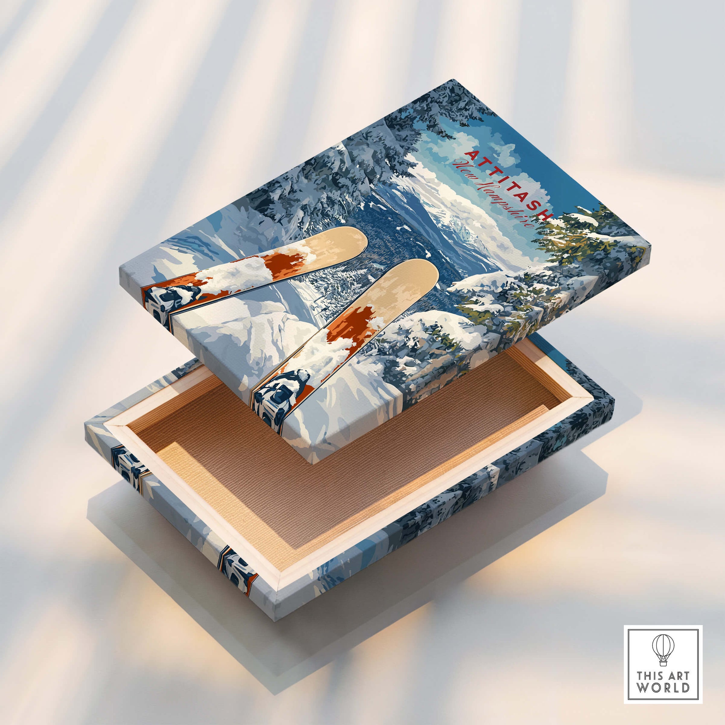 Ski Print Attitash New Hampshire featuring a beautiful ski design on a decorative box, perfect for winter enthusiasts.