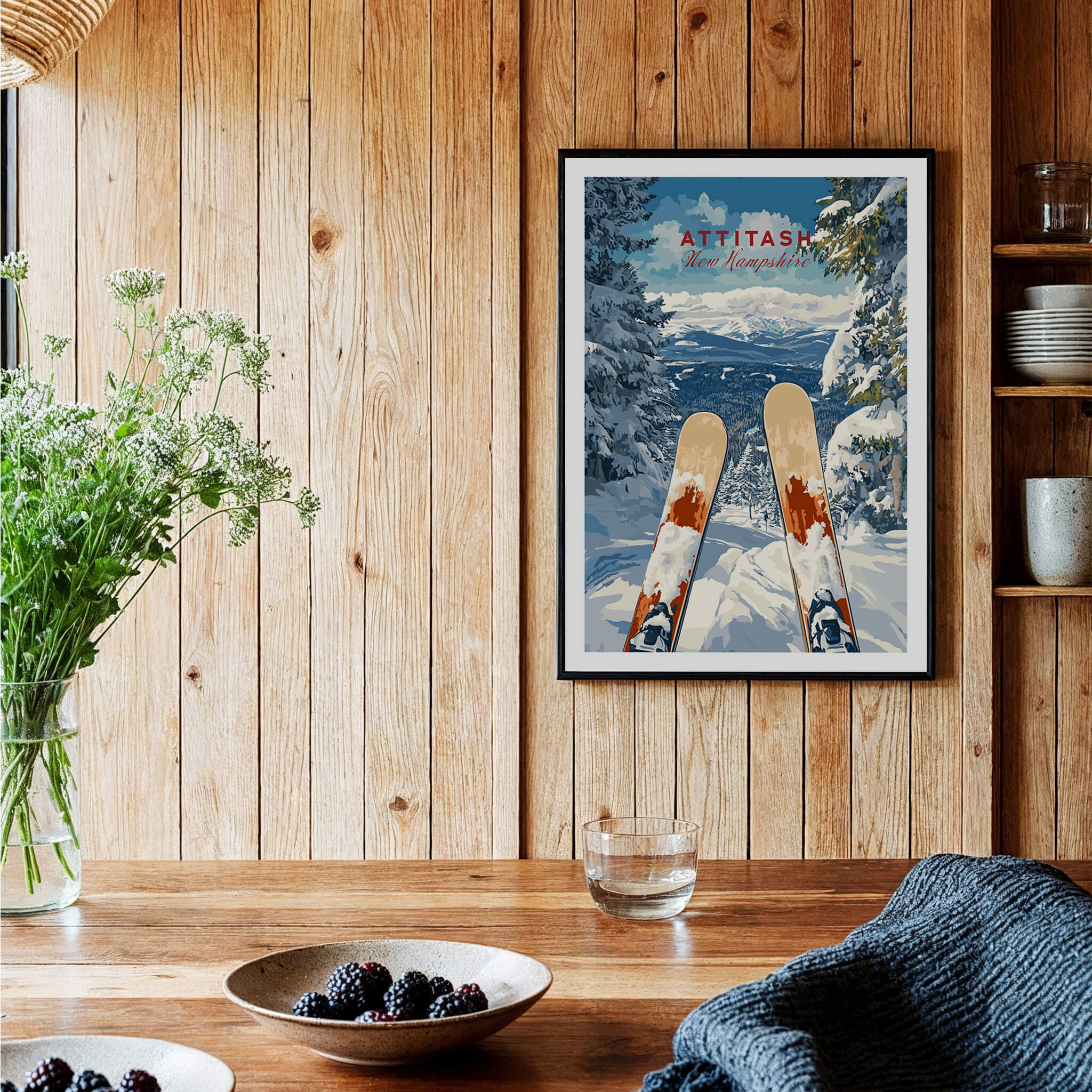 Ski Print Attitash New Hampshire framed art featuring skis and a scenic snowy landscape.