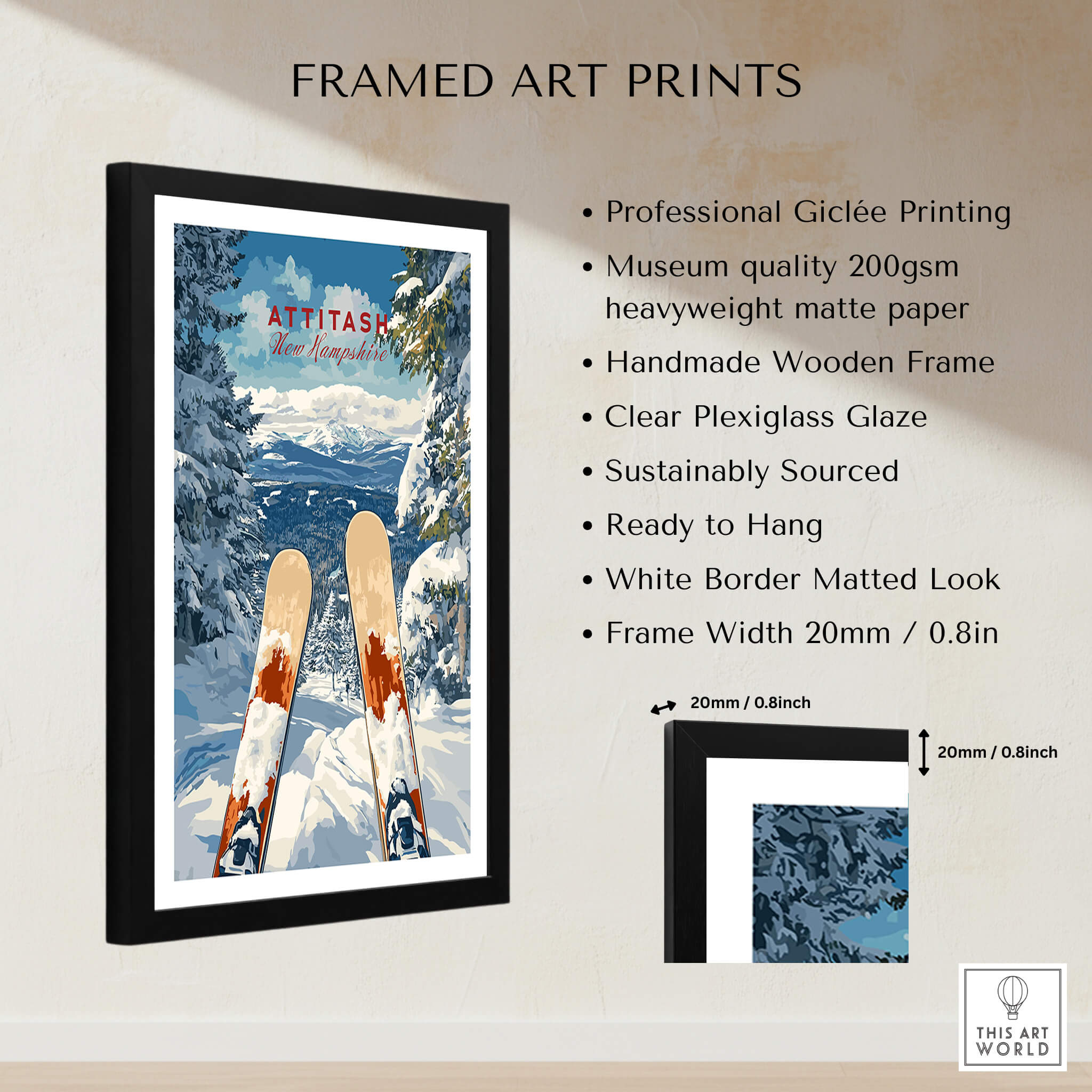 Ski Print Attitash New Hampshire framed art print showcasing vibrant winter ski scene and quality details.