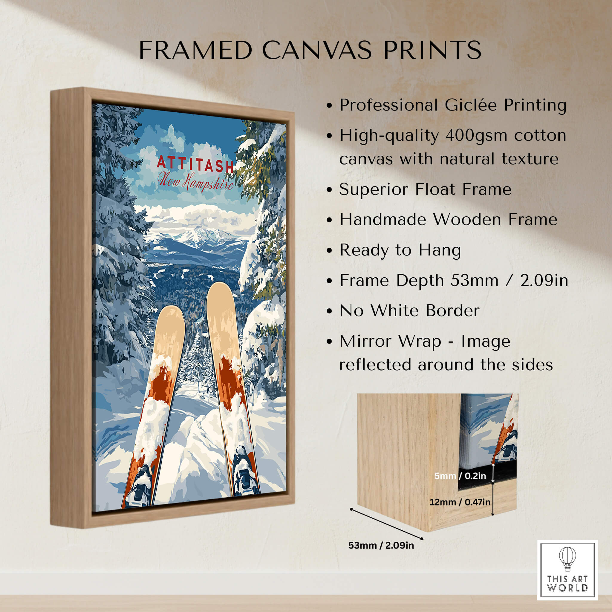 Ski Print Attitash New Hampshire framed canvas print showcasing snowy mountains and ski gear.