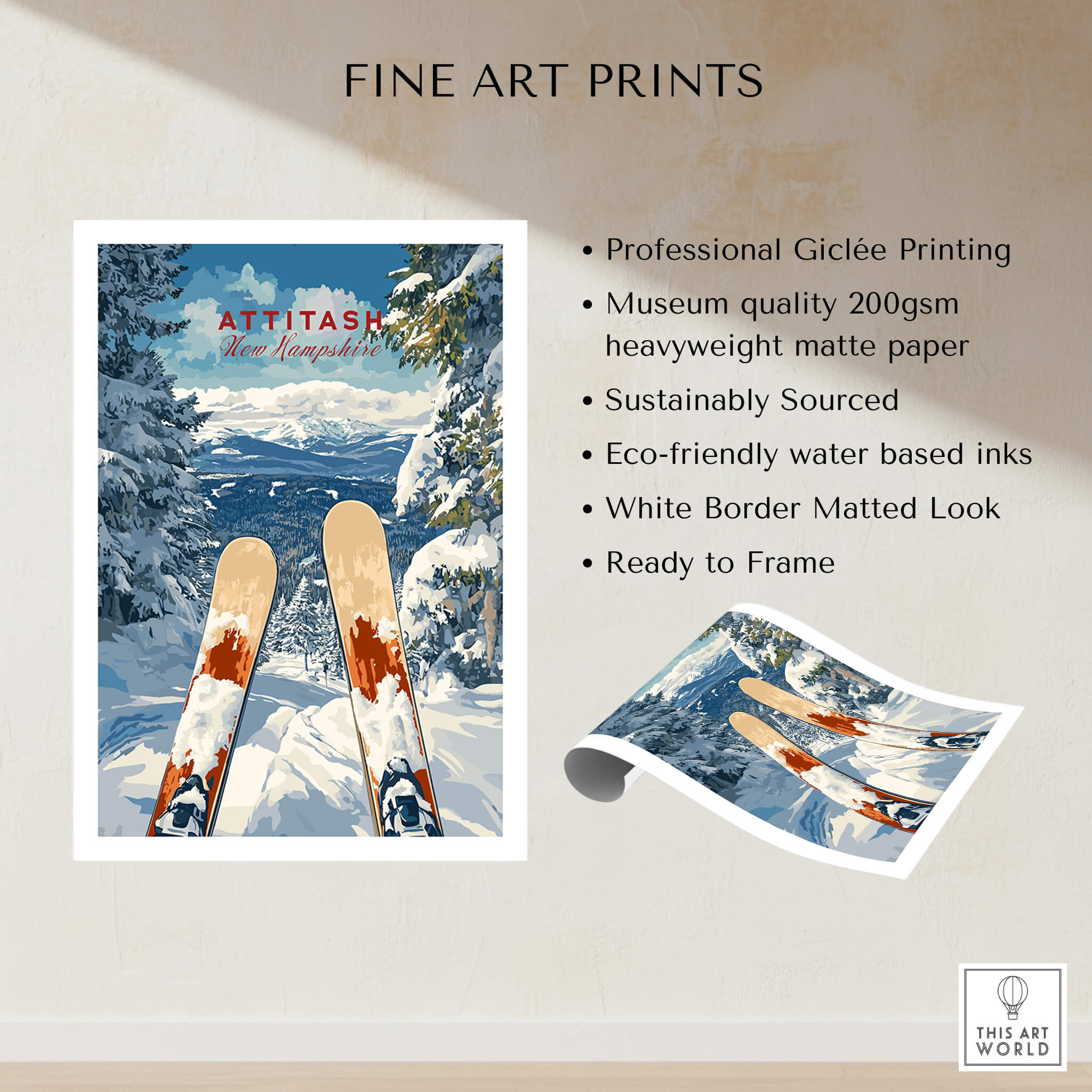 Ski Print Attitash New Hampshire showcasing professional Giclée printing and stunning snowy landscape.
