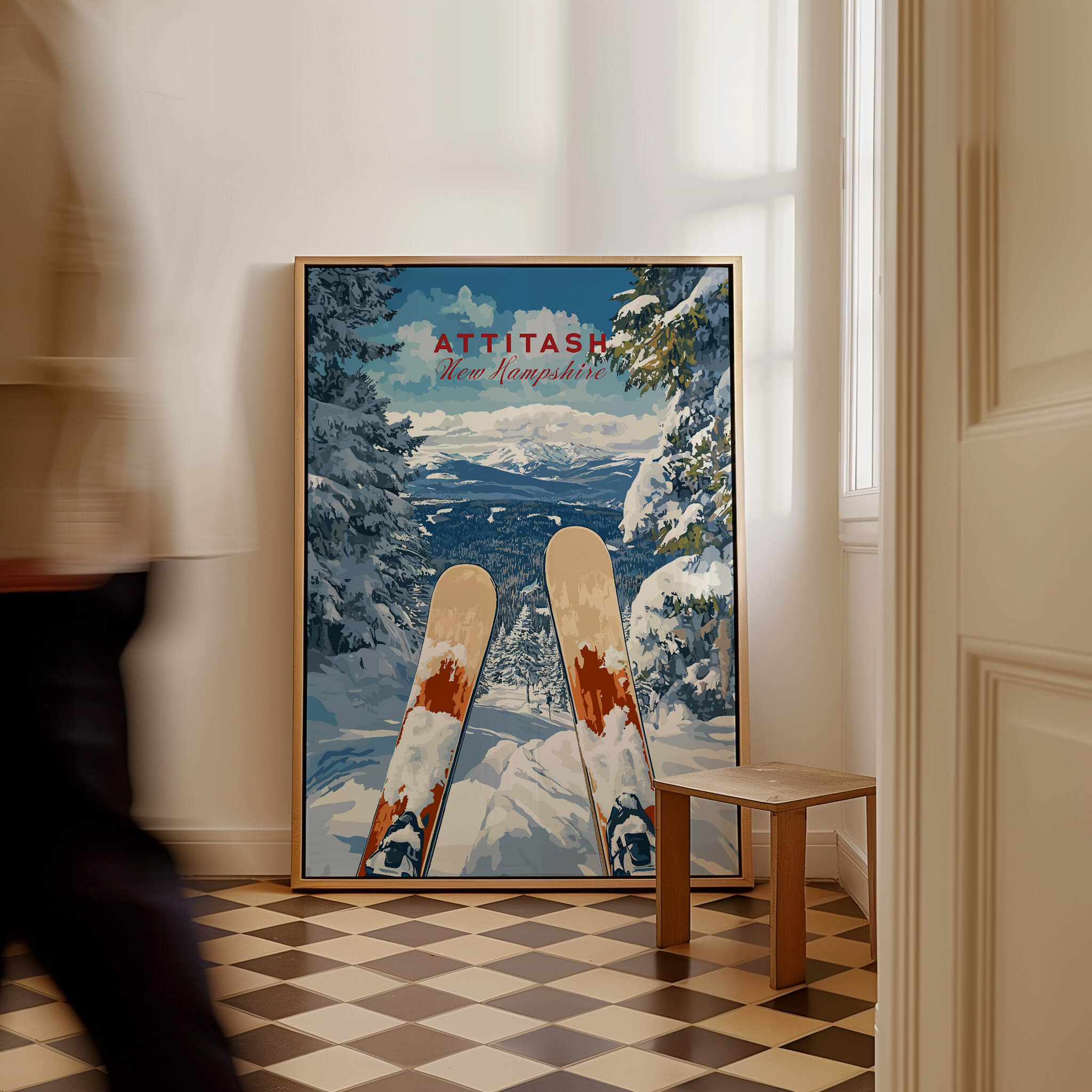 Ski Print Attitash New Hampshire displayed in a stylish interior, showcasing winter sports beauty.