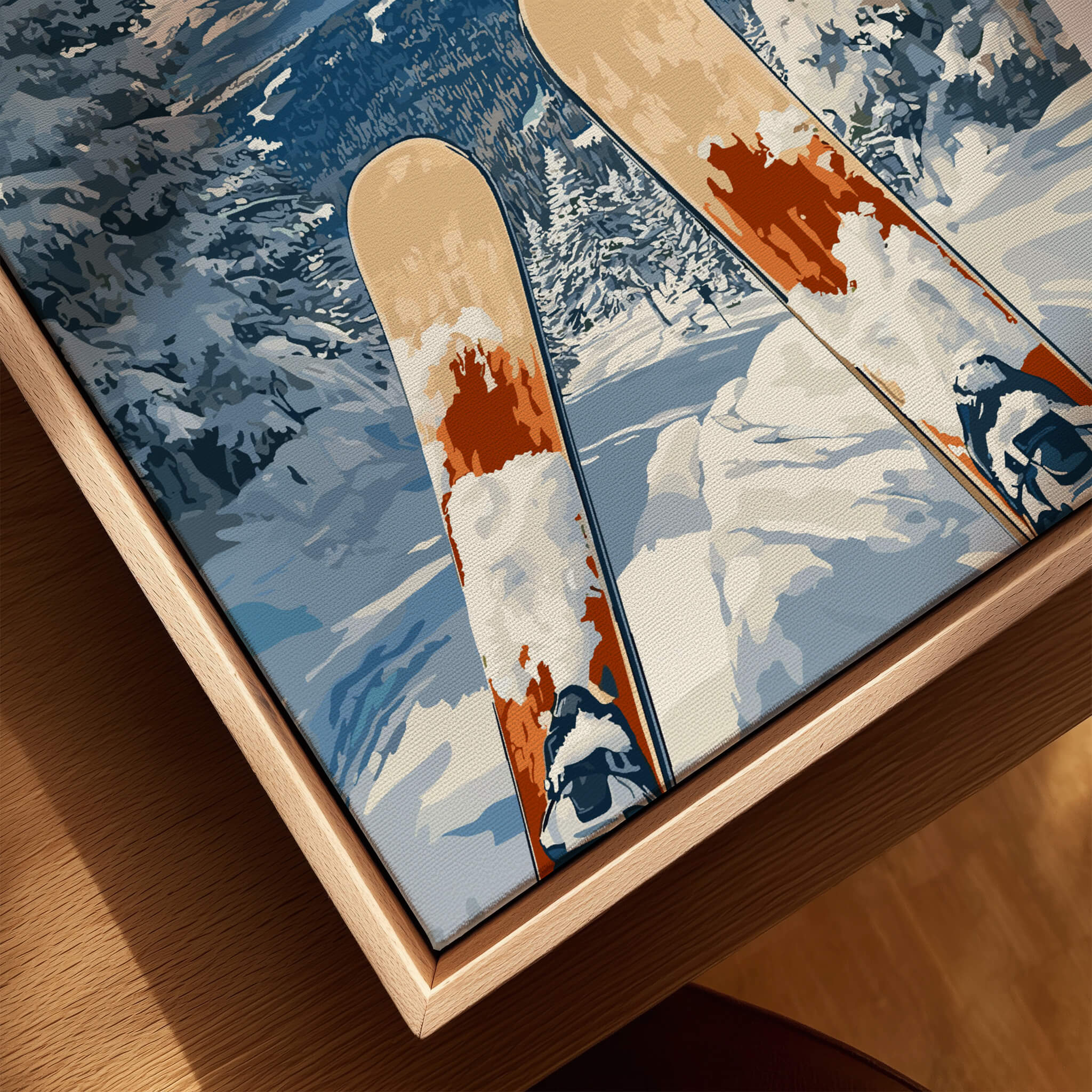 Ski Print Attitash New Hampshire showcasing vibrant skis on snowy slopes in a beautiful winter landscape.