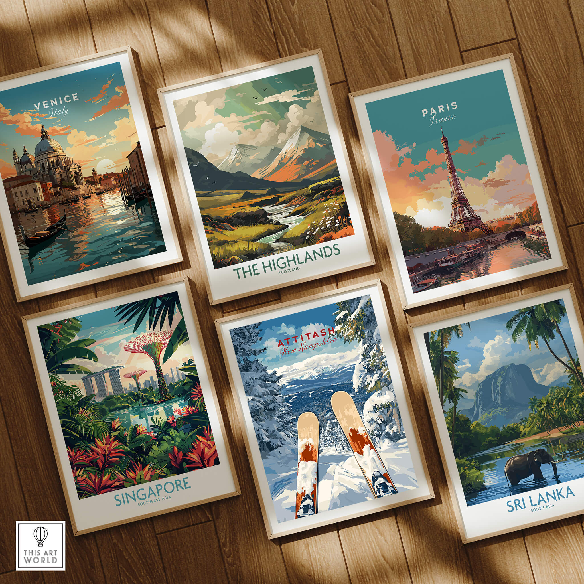 Collection of travel prints featuring Venice, The Highlands, Paris, Singapore, Attitash, and Sri Lanka.