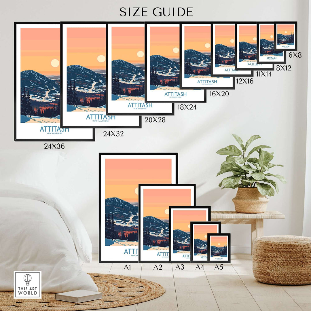 Size guide for Attitash Poster showcasing various dimensions and mountain imagery, perfect for home decor in New Hampshire.