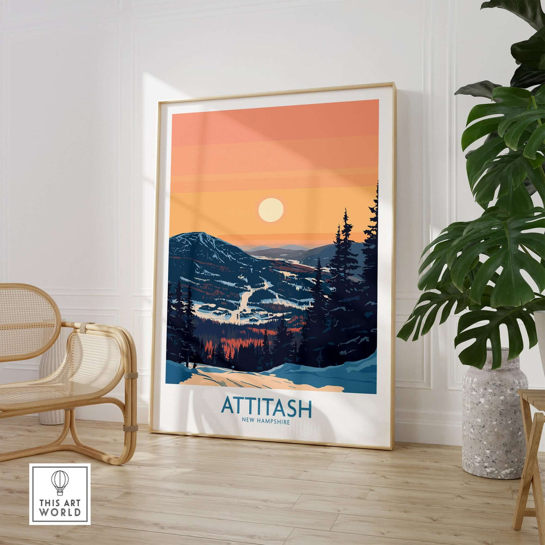 Attitash poster showcasing a stunning New Hampshire mountain landscape at sunset, perfect for home decor.