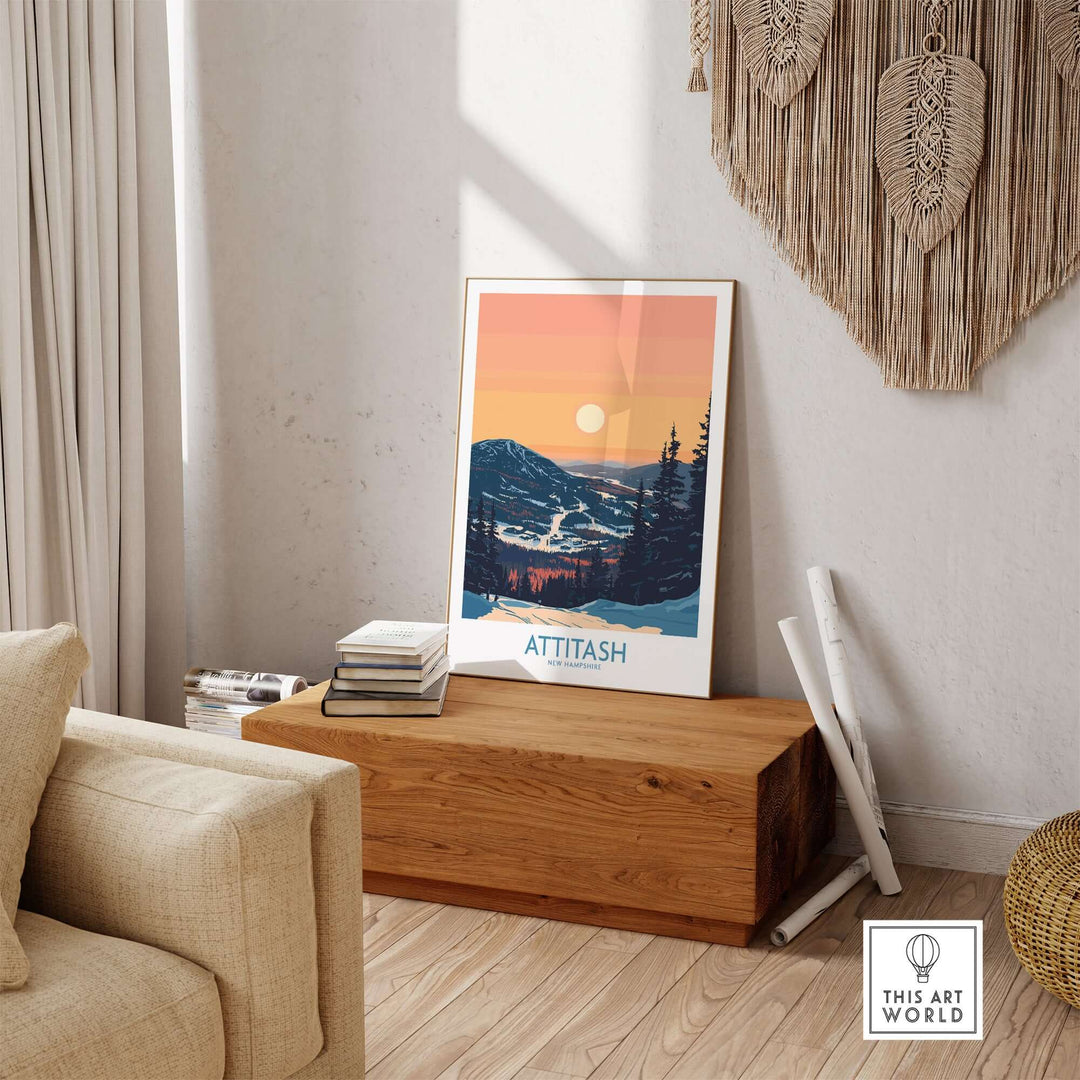 Attitash Poster showcasing New Hampshire mountains, displayed in a contemporary living room setting on a wooden box.