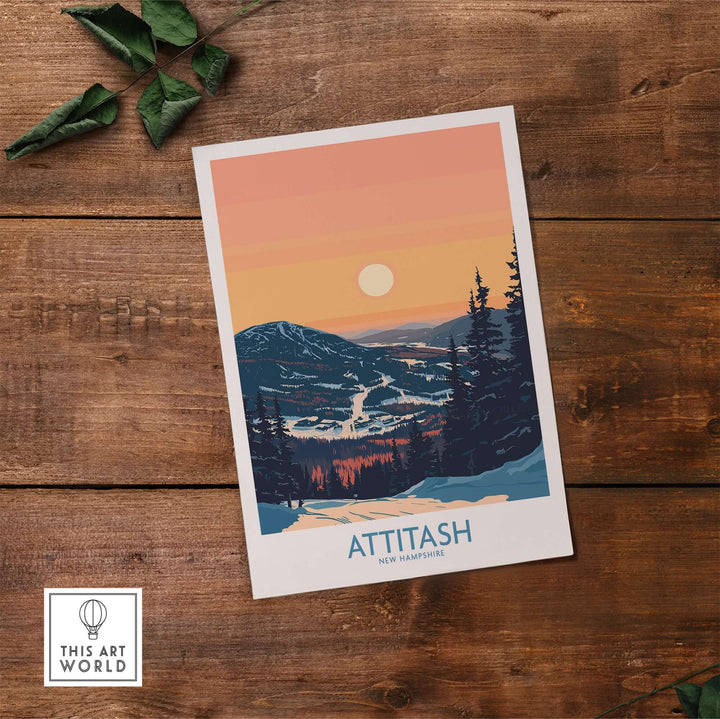 Attitash Poster featuring a scenic mountain view at sunset, showcasing New Hampshire's natural beauty and outdoors.