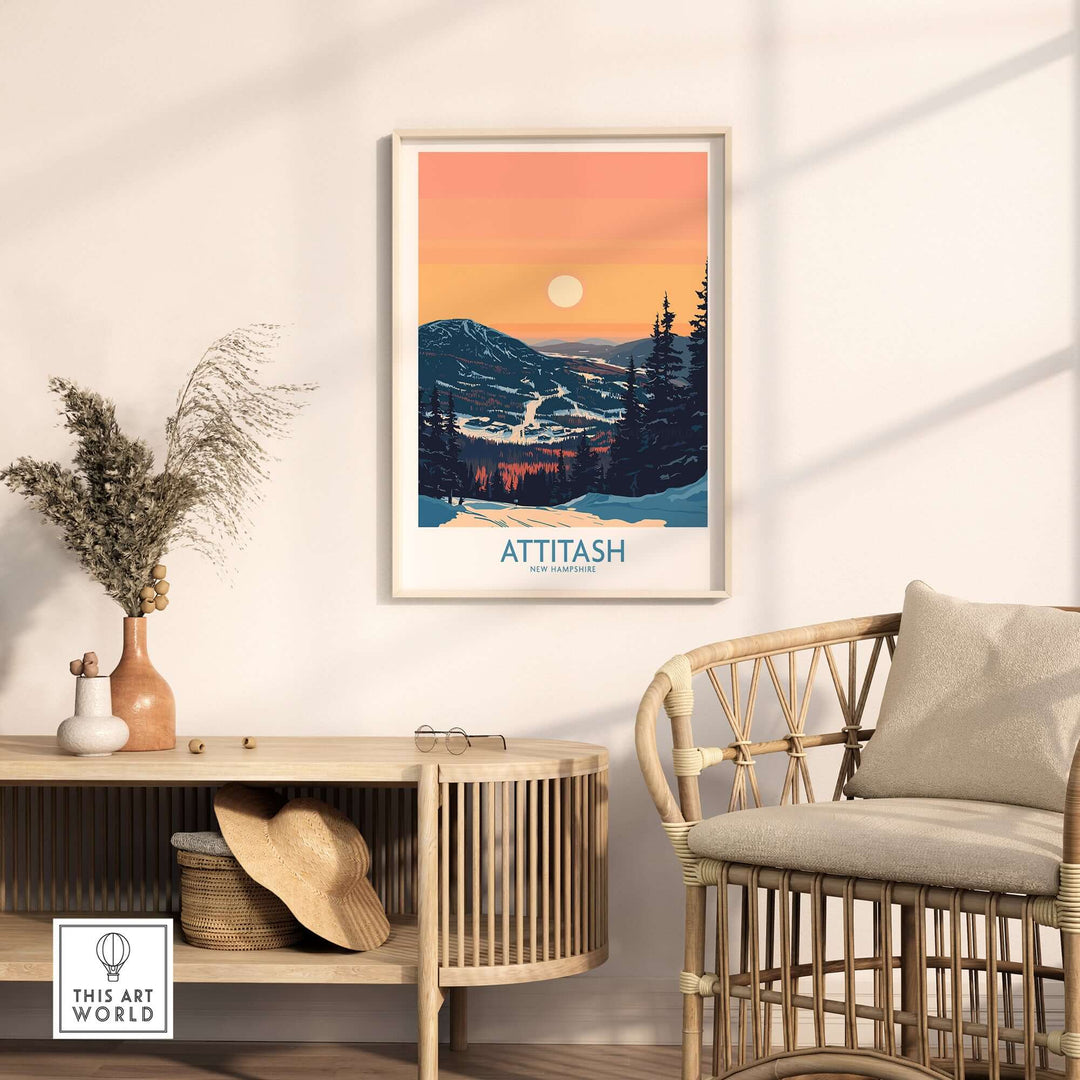 Attitash Poster showcasing a colorful New Hampshire mountain landscape, beautifully framed in a modern living space.