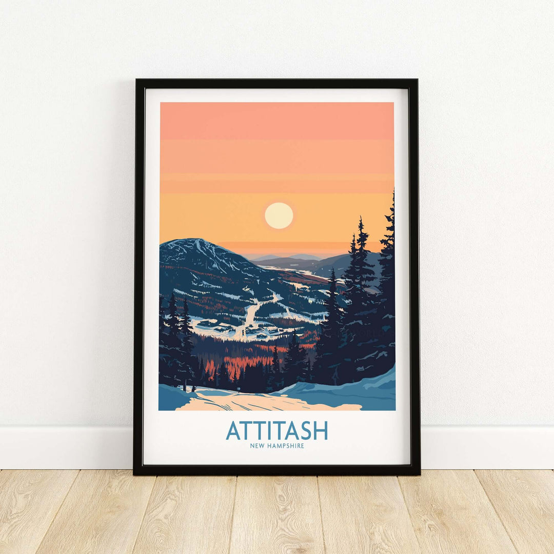 Attitash poster featuring a scenic sunset view of Attitash mountain in New Hampshire, perfect for home decor enthusiasts.