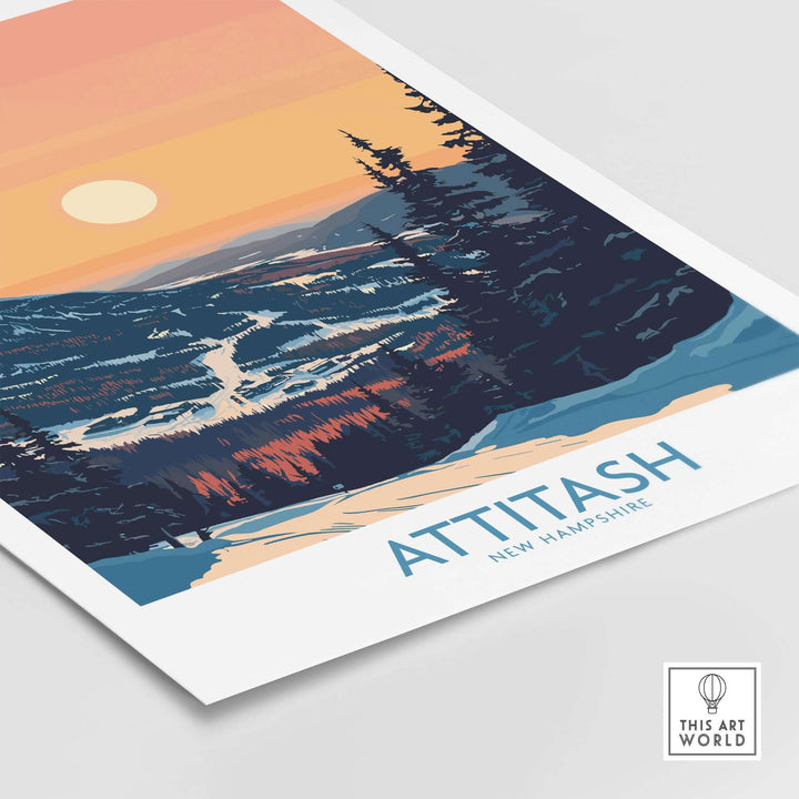 Attitash Poster showcasing the beauty of New Hampshire's mountains with a vibrant sunset and nature details.