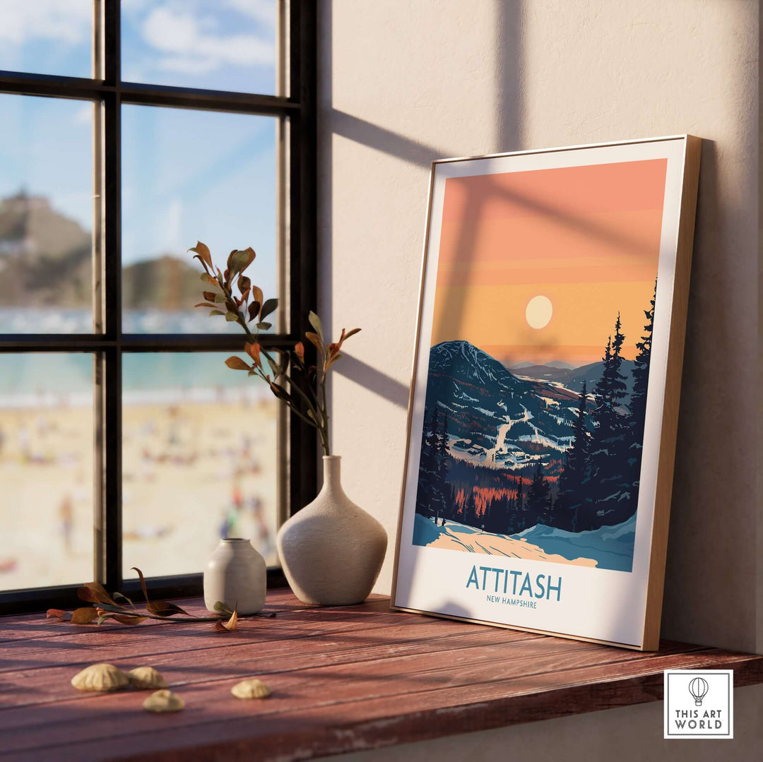 Attitash Poster showcasing New Hampshire's mountains and sunset in a stylish indoor setting by a window.