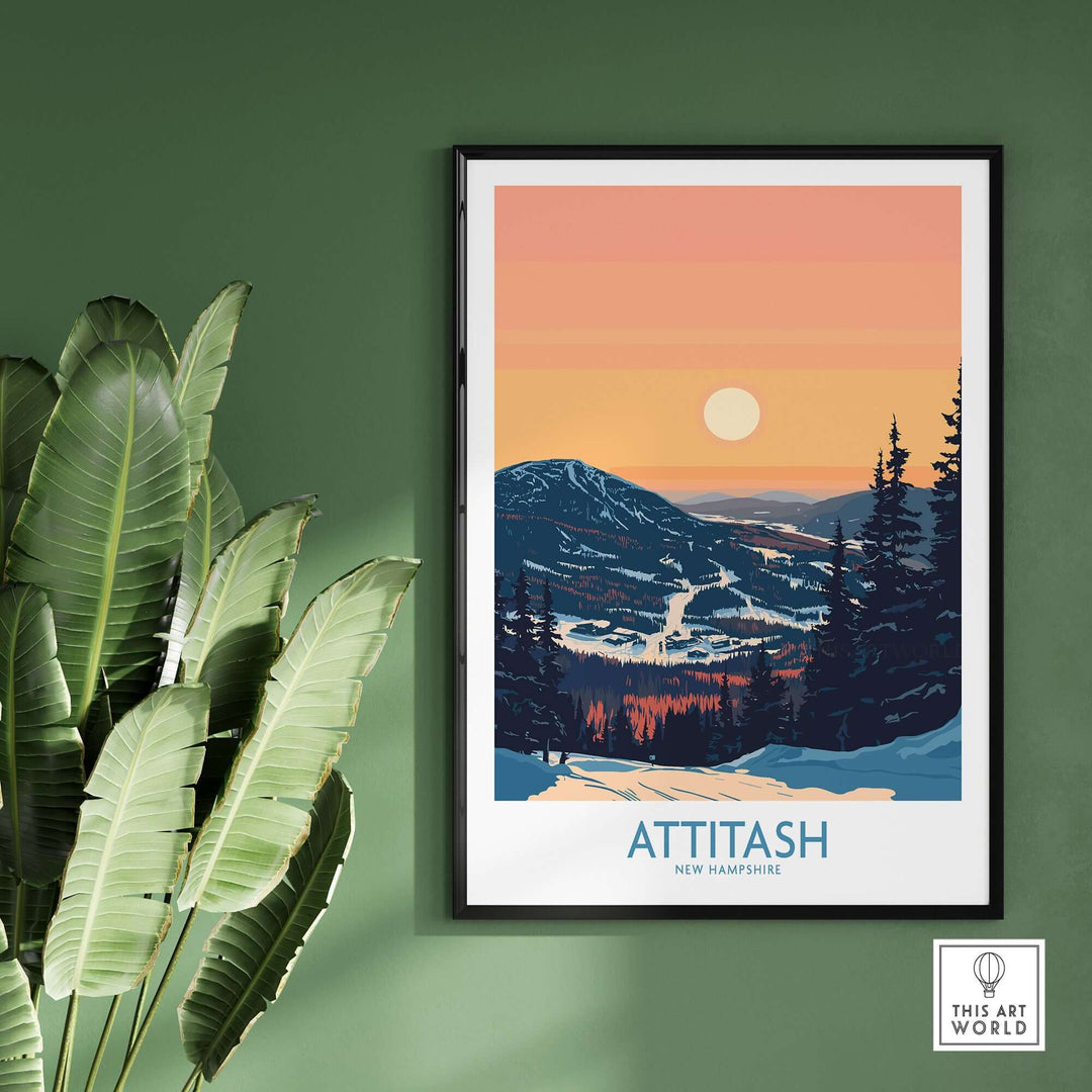 Attitash poster featuring a scenic mountain view and sunset, perfect for New Hampshire nature lovers.