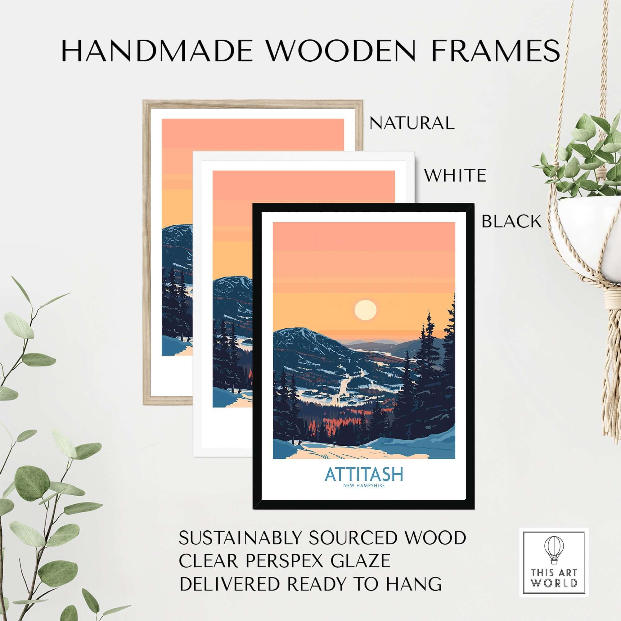 Handmade wooden frames in natural, white, and black finishes, showcasing the Attitash poster with stunning mountain imagery.