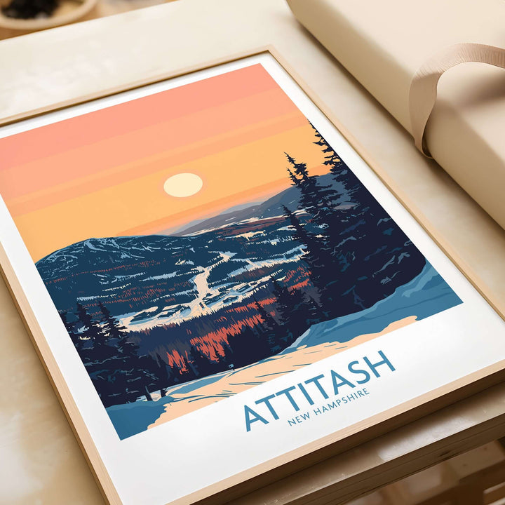 Attitash Poster featuring a vibrant landscape of New Hampshire mountains and sunset, ideal for home decor and nature lovers.