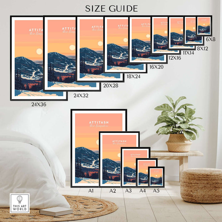 Size guide for Attitash Print New Hampshire showcasing various frame sizes on a stylish living room background.