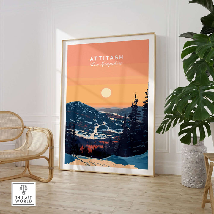 Attitash Print of New Hampshire showcasing mountains and sunset, perfect for ski and outdoor lovers.