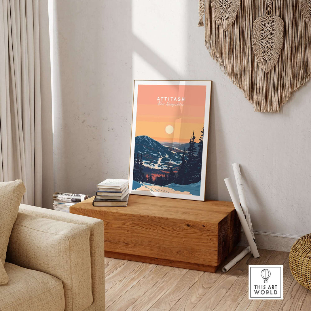 Attitash Print showcasing New Hampshire mountains in a cozy living room setting with natural light.