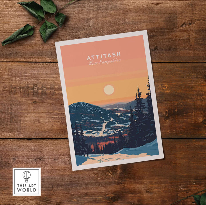 Attitash print showcasing a stunning New Hampshire landscape with mountains and a sunset, perfect for ski lovers and outdoor enthusiasts.