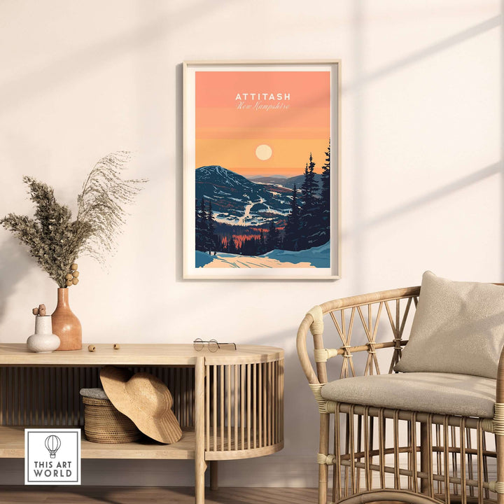 Attitash Print showcasing New Hampshire mountains at sunset in a modern home decor setting.