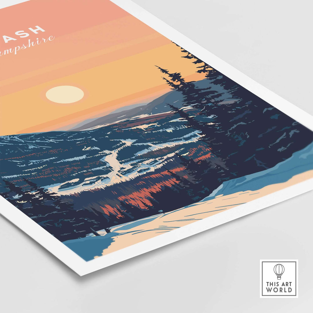 Attitash Print New Hampshire featuring a vibrant mountain landscape and sunset, perfect for skiing enthusiasts and nature lovers.