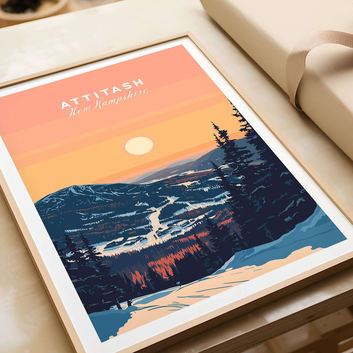 Attitash Print showcasing a colorful sunset over New Hampshire mountains, perfect for ski and outdoor enthusiasts.