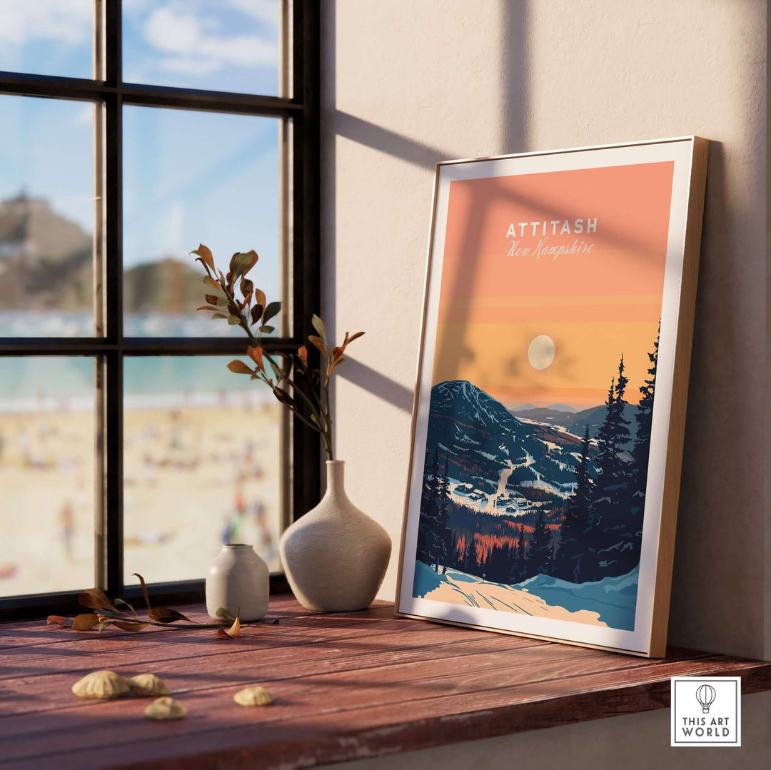 Attitash Print showcasing New Hampshire's scenic mountains, displayed in a home setting with a beach view outside.