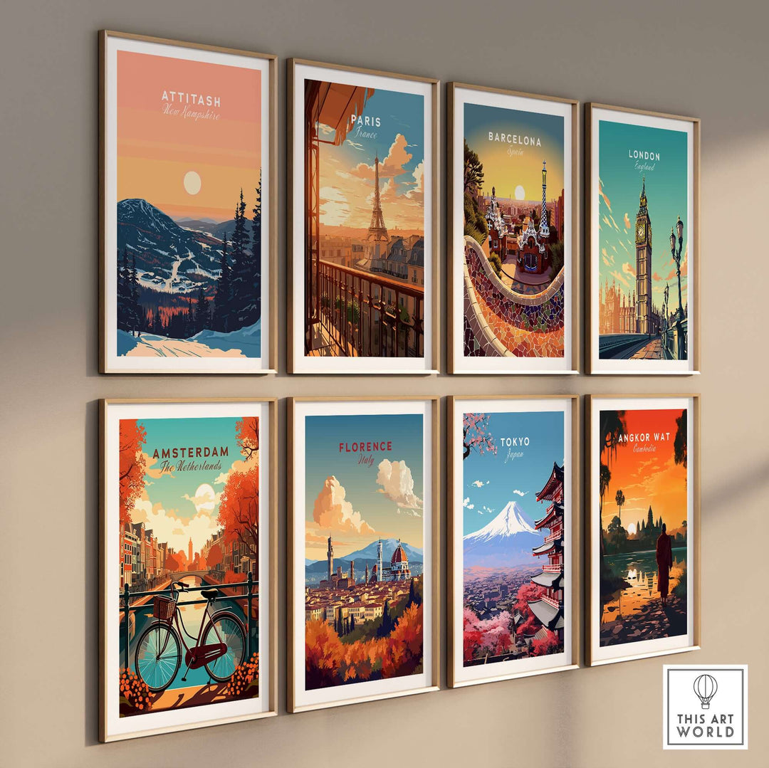 A collection of vibrant city and landscape prints including Attitash, Paris, Barcelona, and more, displayed in decorative frames.