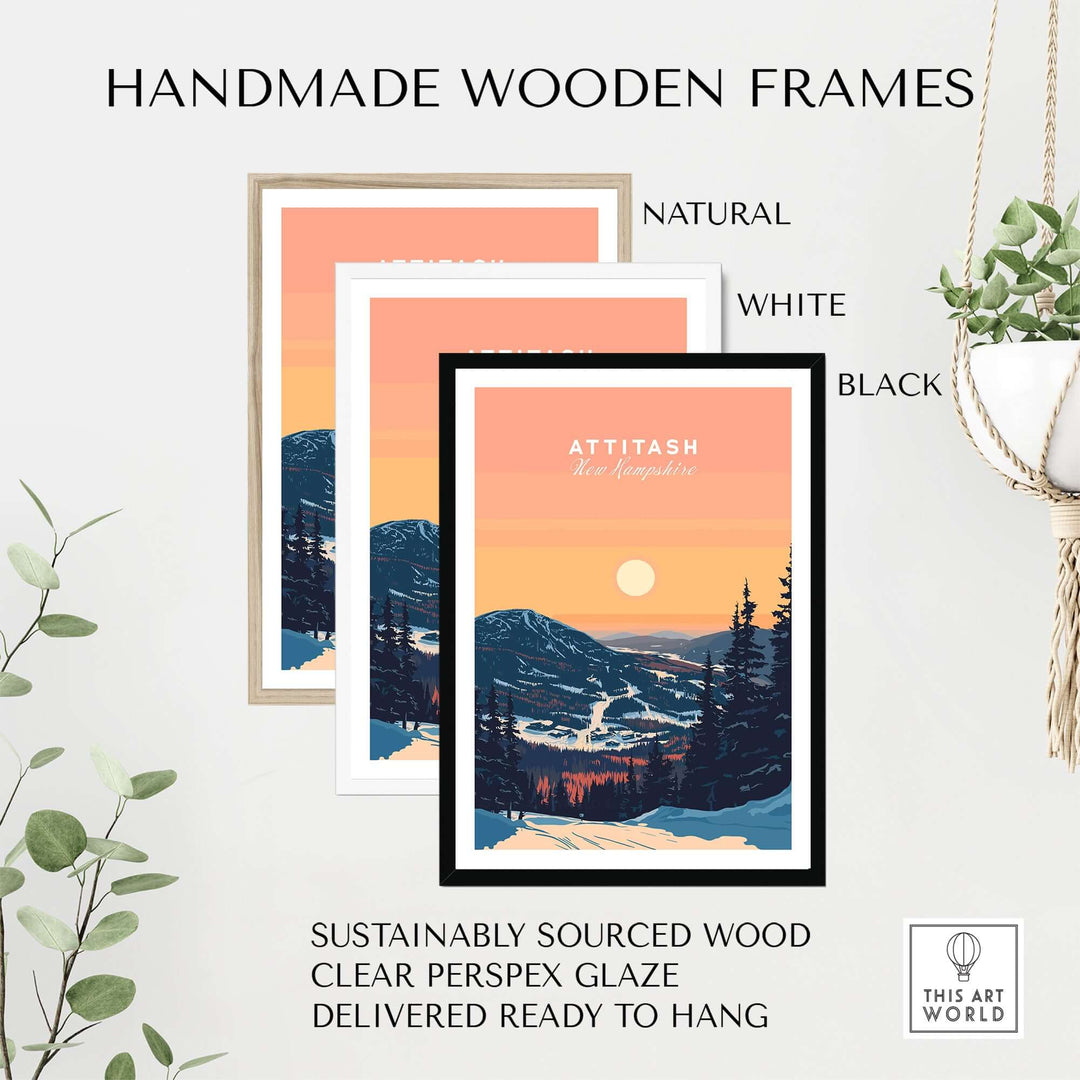 Handmade wooden frames in natural, white, and black for Attitash print, made from sustainably sourced wood.