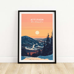 Attitash Print depicting a stunning sunset landscape in New Hampshire's mountains, perfect for outdoor enthusiasts.