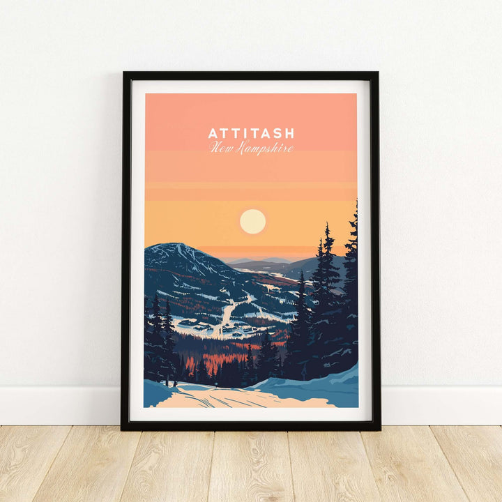 Attitash Print depicting a stunning sunset landscape in New Hampshire's mountains, perfect for outdoor enthusiasts.