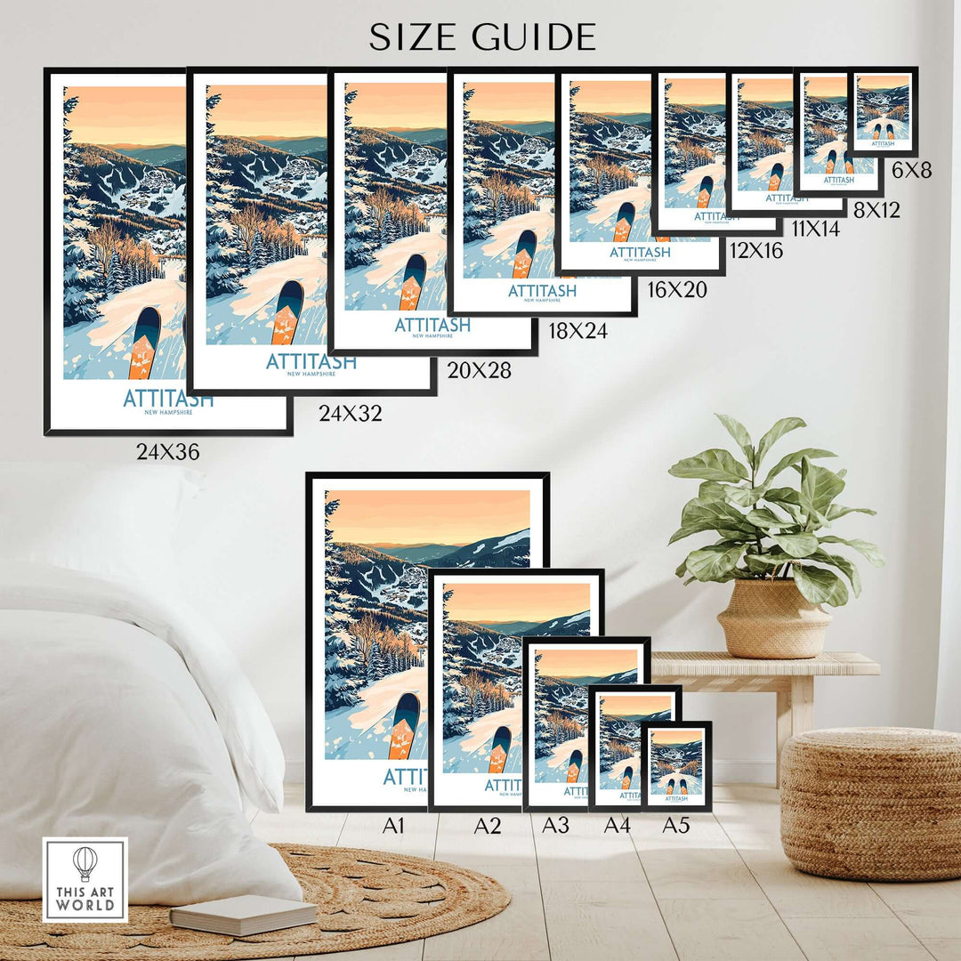 Attitash Ski Art Print size guide showcasing various frame sizes in a stylish living room setting. Perfect for ski lovers.