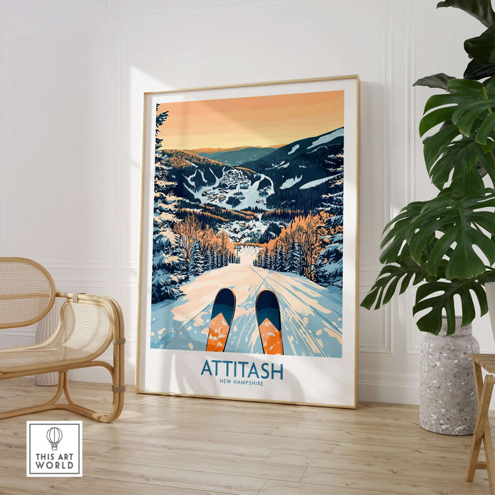 Attitash Ski Art Print showcasing ski tracks and snow-covered mountains in a cozy home setting. Perfect for ski enthusiasts.