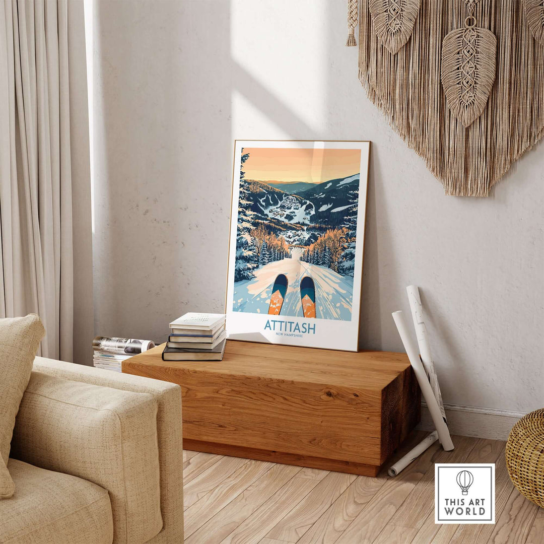 Attitash Ski Art Print displayed in a cozy living room, capturing the essence of winter sports and mountain scenery.