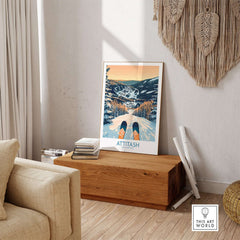 Attitash Ski Art Print displayed in a cozy living room, capturing the essence of winter sports and mountain scenery.