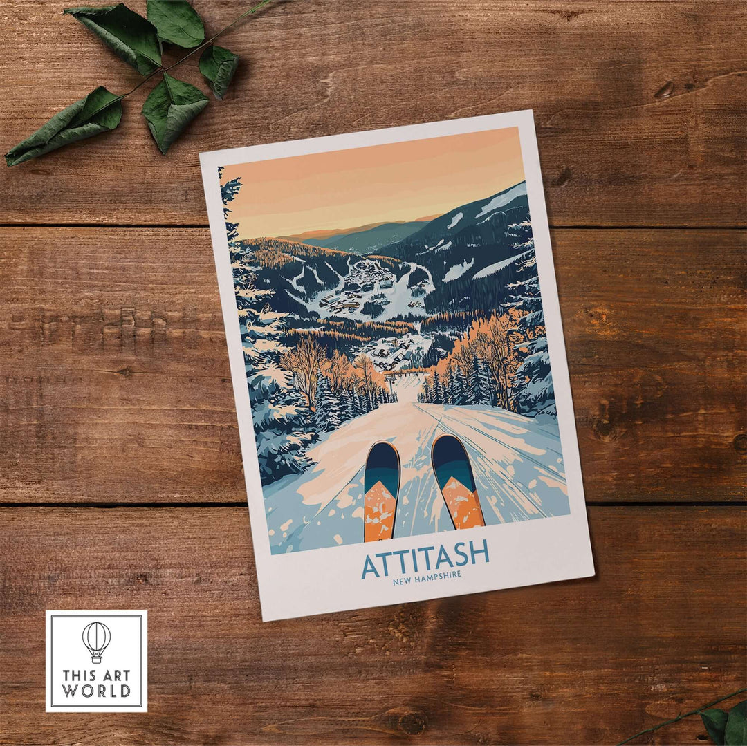 Attitash Ski Art Print showcasing a scenic view of ski slopes in New Hampshire, perfect for ski lovers' home decor.