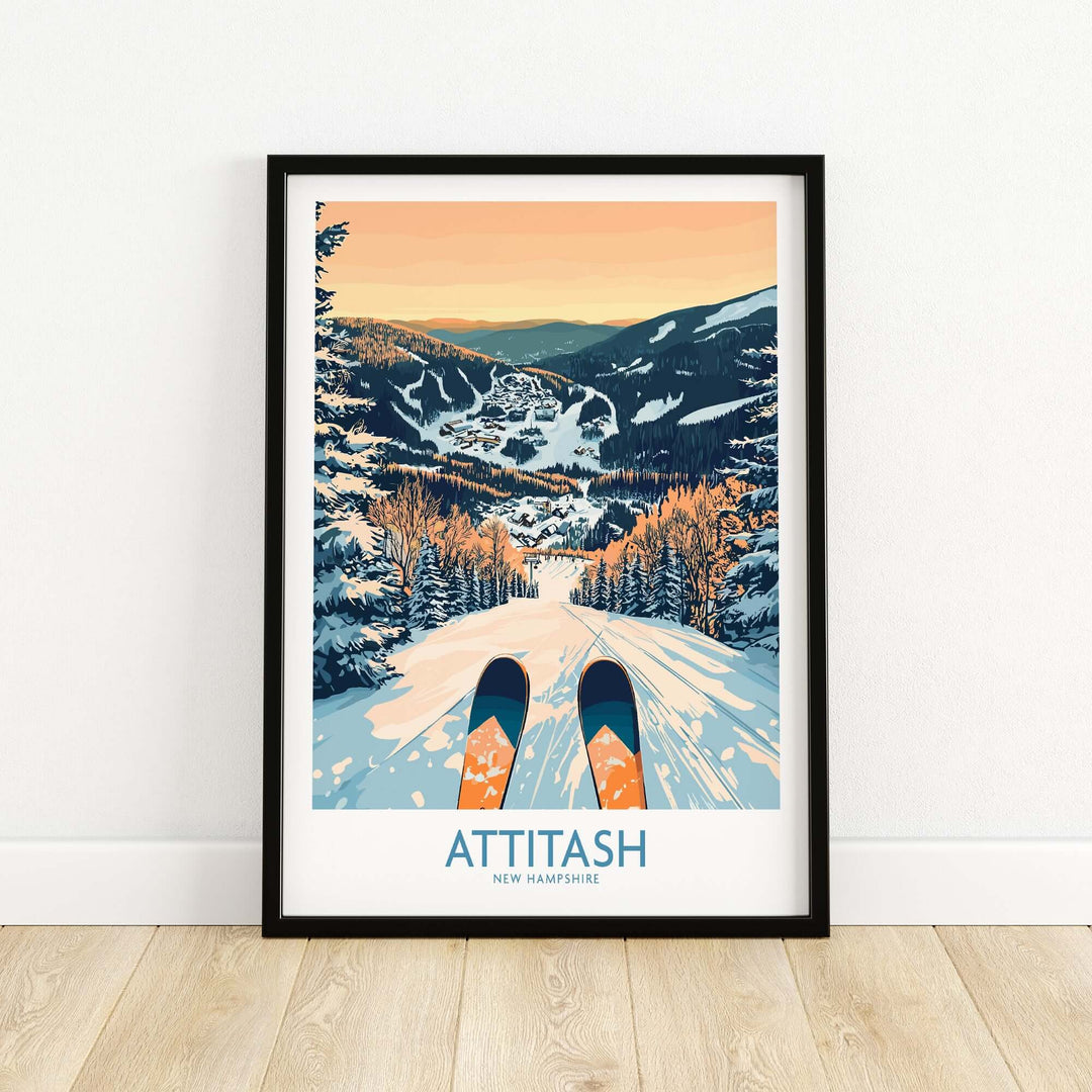 Attitash Ski Art Print showcasing skiing in New Hampshire with vibrant colors and a scenic winter landscape.