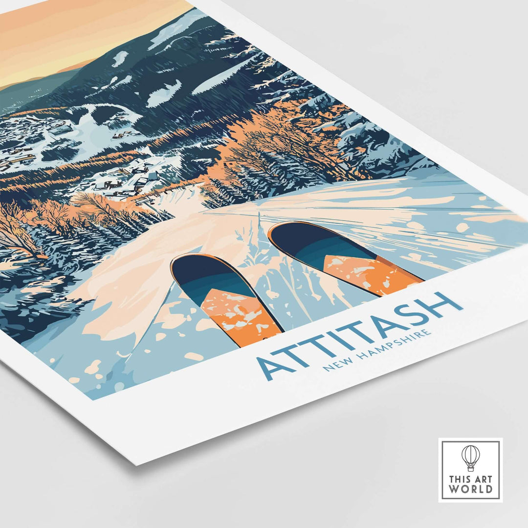 Attitash Ski Art Print featuring vibrant snow-covered slopes and ski tips, capturing the thrill of skiing in New Hampshire.