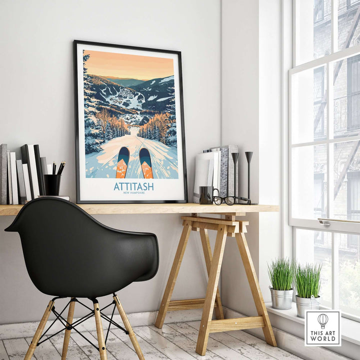 Attitash Ski Art Print displayed in a modern workspace, highlighting skiing excitement and winter sport inspiration.