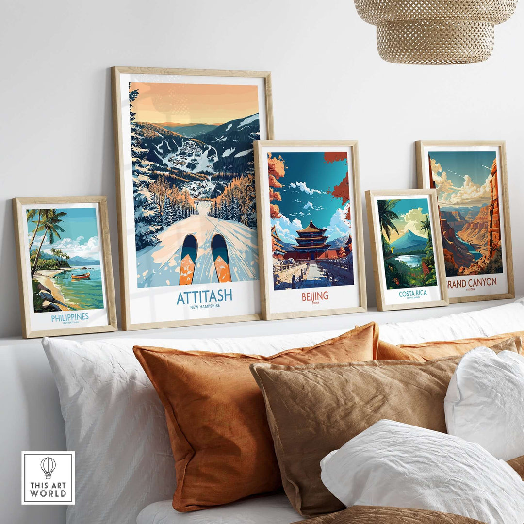 Collection of travel art prints featuring Attitash Ski print, Beijing, Costa Rica, and Grand Canyon on a decorative wall.