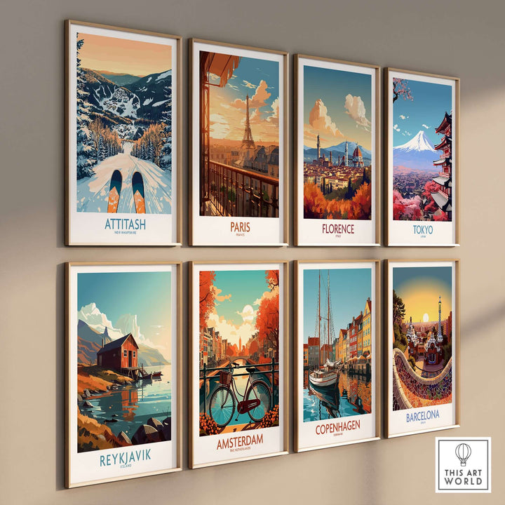 Collection of travel art prints featuring Attitash, Paris, Florence, Tokyo, Reykjavik, Amsterdam, Copenhagen, and Barcelona.