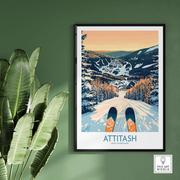 Attitash Ski Art Print featuring ski tracks and mountains in New Hampshire, perfect for winter sports enthusiasts' decor.