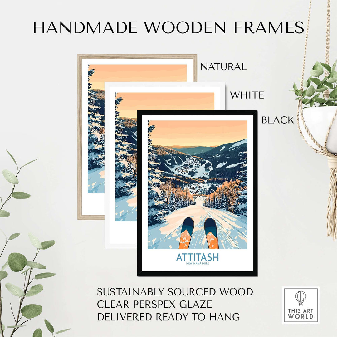 Handmade wooden frames in natural, white, and black for Attitash Ski Art Print, featuring clear Perspex glaze and ready to hang.