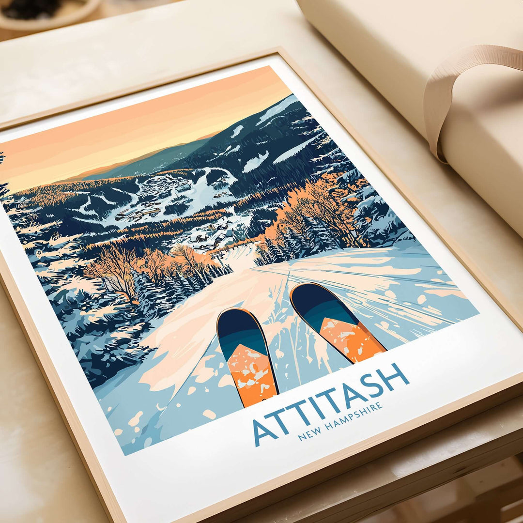 Attitash Ski Art Print featuring a snowy landscape with ski tracks and colorful mountains in New Hampshire. Perfect for ski lovers.