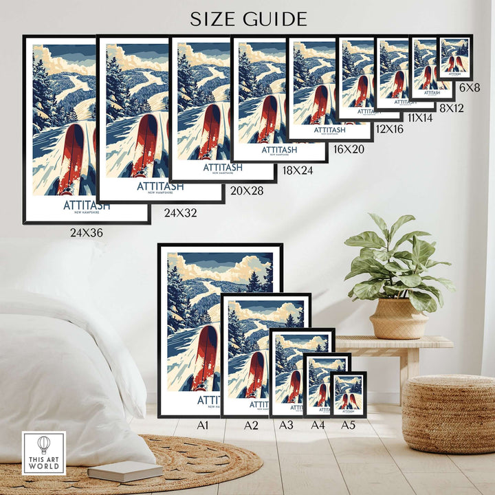 Attitash Ski Poster size guide showing various frame dimensions in a home setting, ideal for ski enthusiasts.