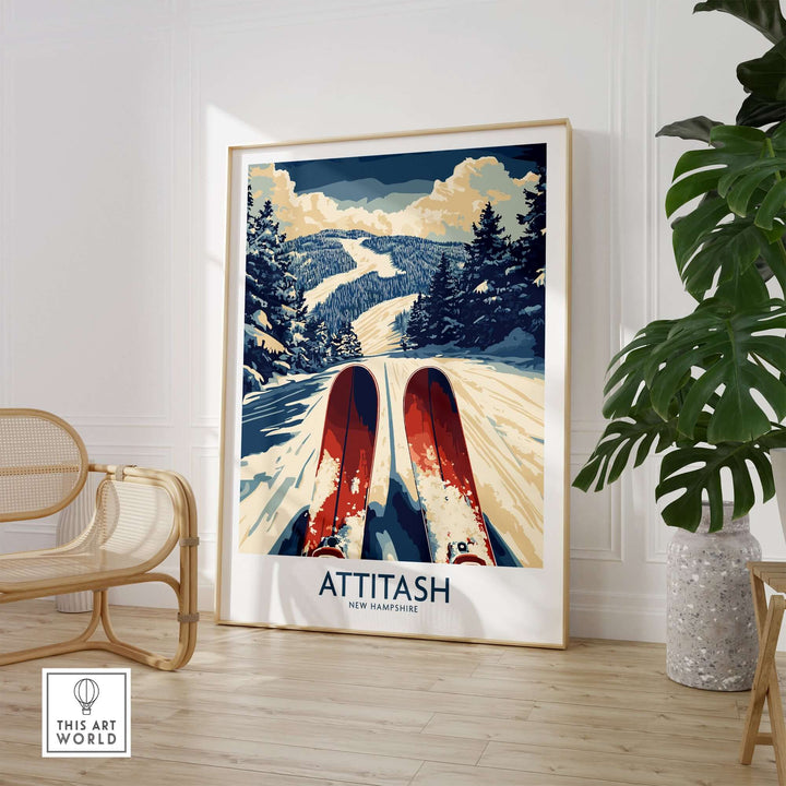 Attitash ski poster showcasing vibrant red skis on snowy slopes with mountains in the background, perfect for home decor.