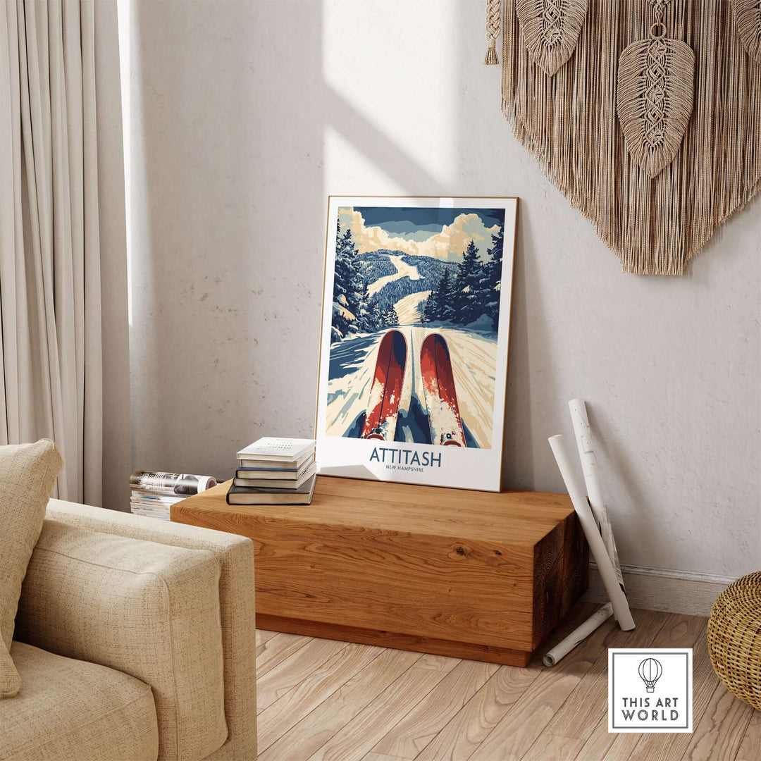 Attitash Ski Poster displayed in a cozy living room setting, featuring red skis and scenic mountain views.