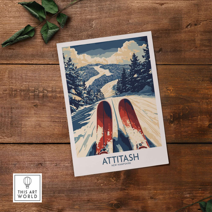 Retro Attitash Ski Poster showcasing snowy slopes and ski tracks in New Hampshire, perfect for winter sports enthusiasts.