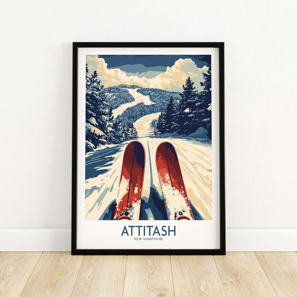 Attitash Ski Poster featuring snowy mountains and vibrant skis, capturing the thrill of skiing in New Hampshire.