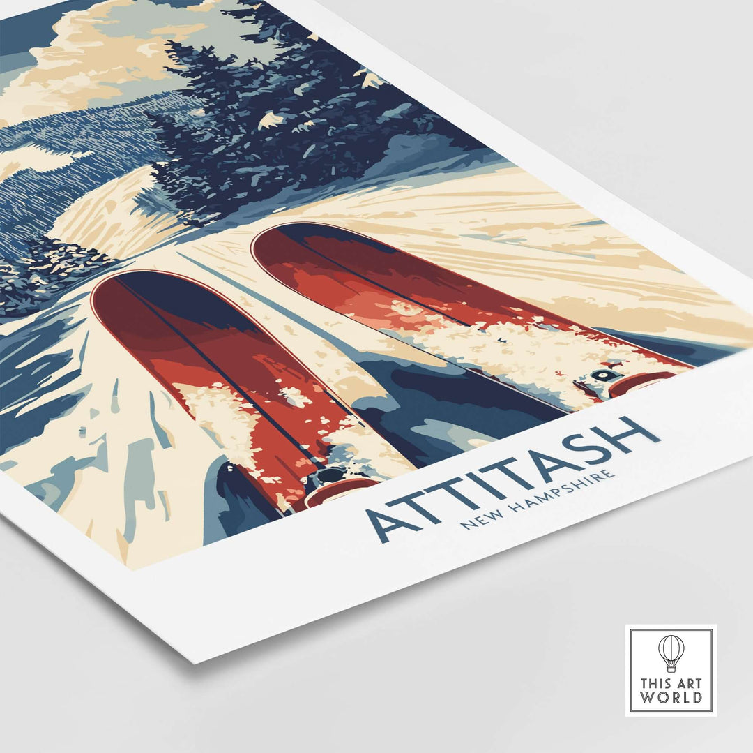 Attitash Ski Poster showcasing a snowy landscape and vintage red skis, perfect for ski enthusiasts and home decor.